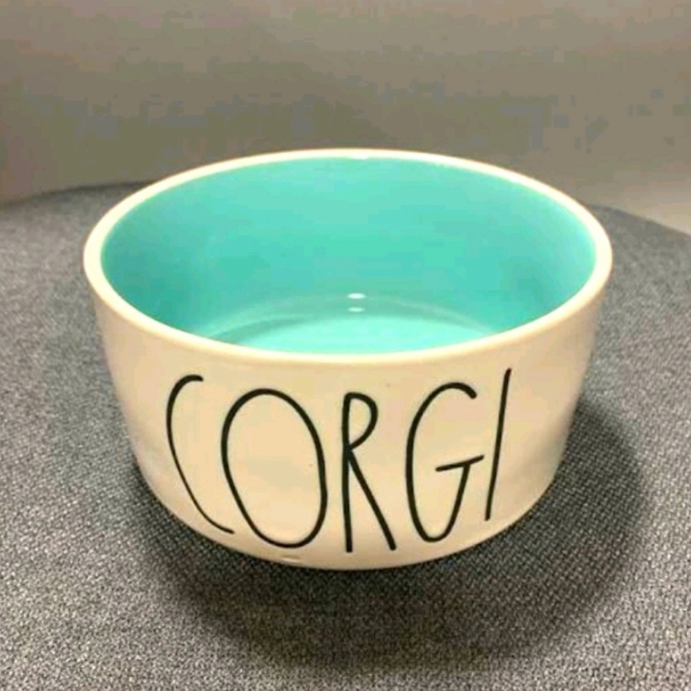 Rae Dunn Corgi dog bowl/ blue interior